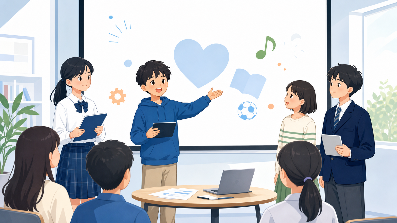 子どもが好きなことをみんなに発表しているイラスト